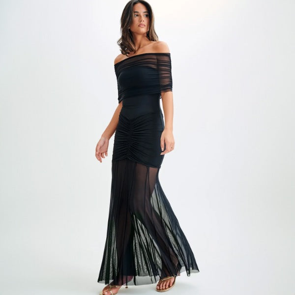 Damen Elegantes Maxi-Kleid mit schulterfreiem Design und Raffungen EB