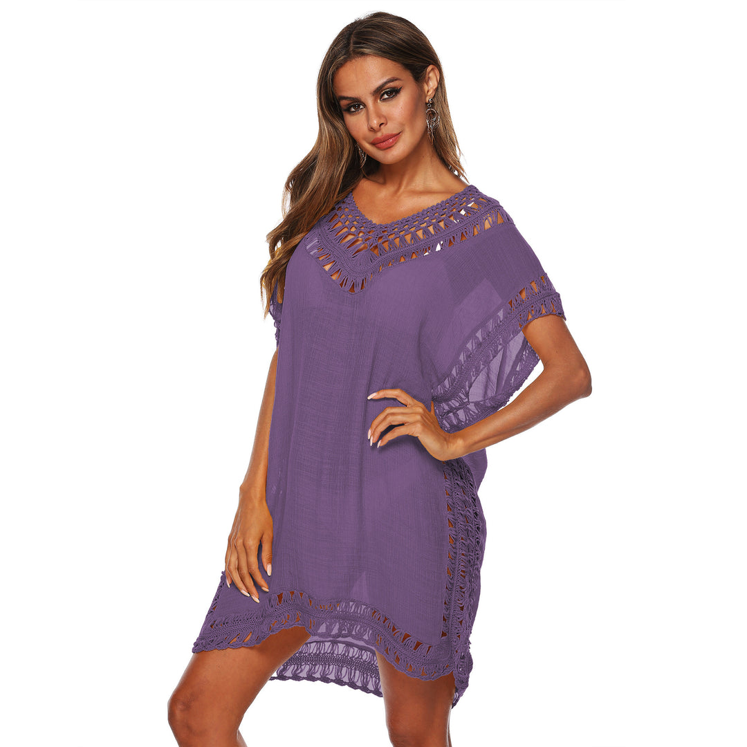 Damen Häkel-Strandüberwurf mit elegantem V-Ausschnitt und fransigen Details EB
