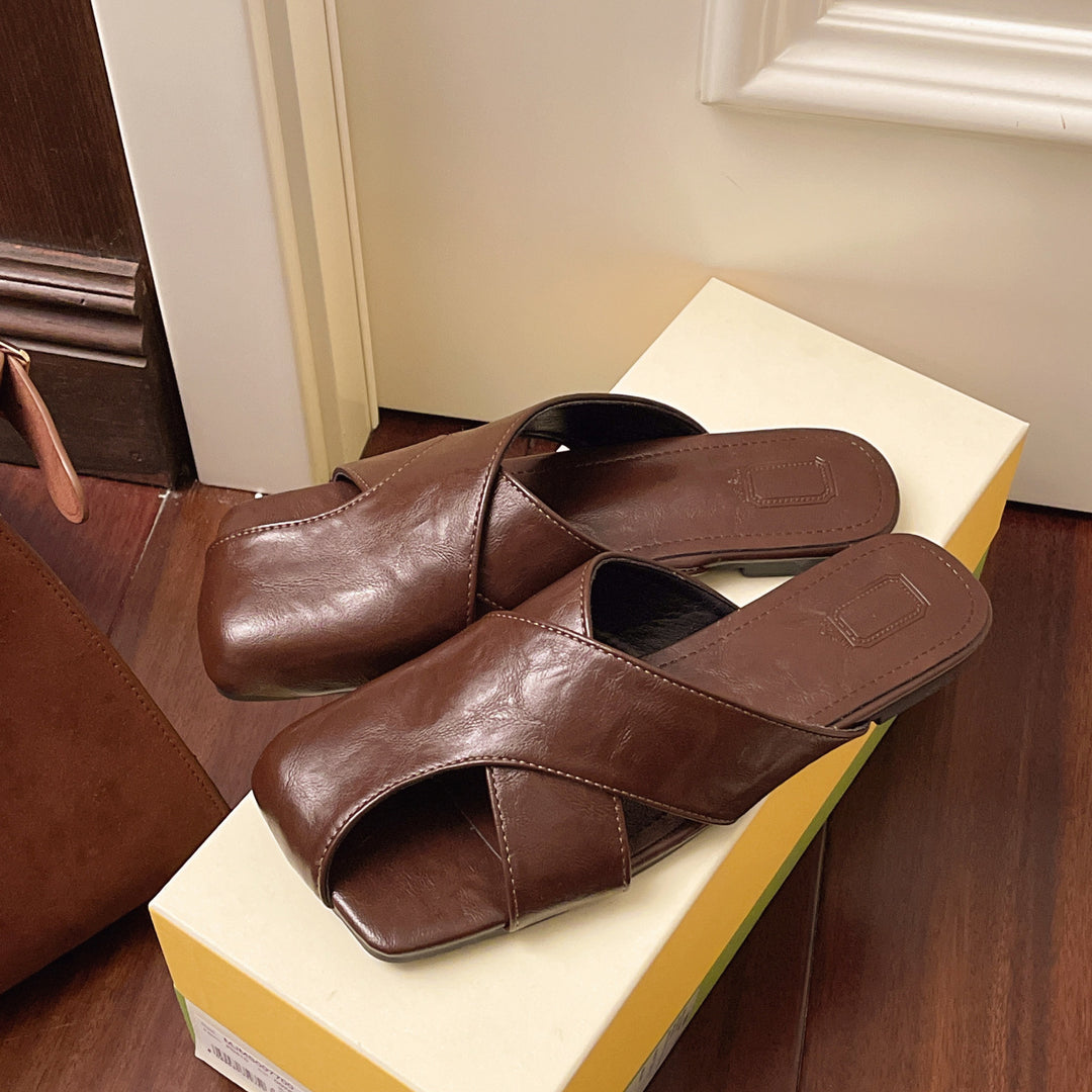 Damen modische Slipper Sandalen mit breitem Riemen und eleganter Schnalle EB