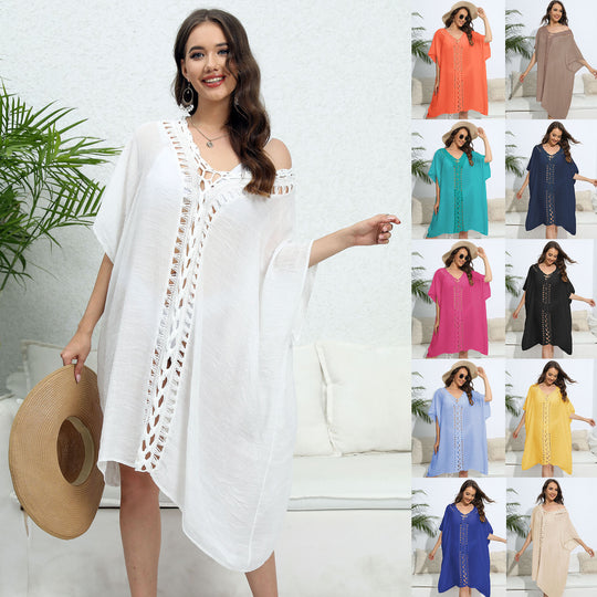 Damen luftiger Kaftan mit filigranem Häkelmuster EB
