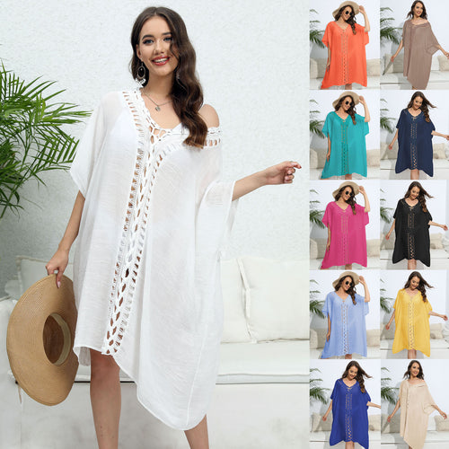 Damen luftiger Kaftan mit filigranem Häkelmuster EB