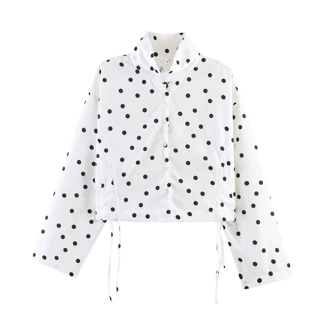 Damen nan kurz geschnittene gepunktete Regenjacke mit Stehkragen, Druckknopfleiste und Kordelzug EB