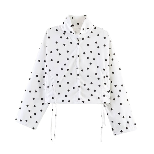 Damen nan kurz geschnittene gepunktete Regenjacke mit Stehkragen, Druckknopfleiste und Kordelzug EB