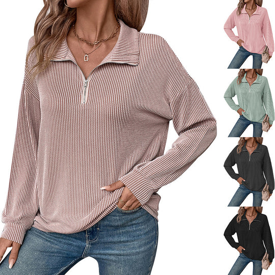 Damen lässiger Pullover mit Reißverschluss und gestreiftem Design EB