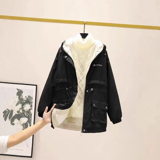 Damen gefütterte Parka-Jacke mit Kapuze und verstellbarem Taillenzug EB