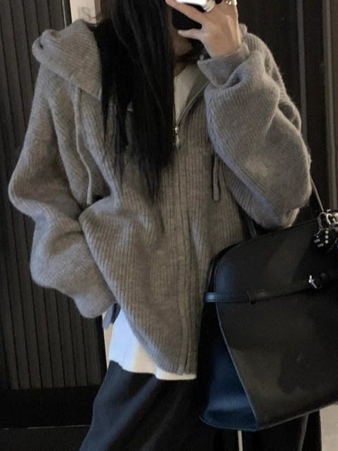 Damen Gemütlicher Strickhoodie mit großzügiger Kapuze und Reißverschluss EB