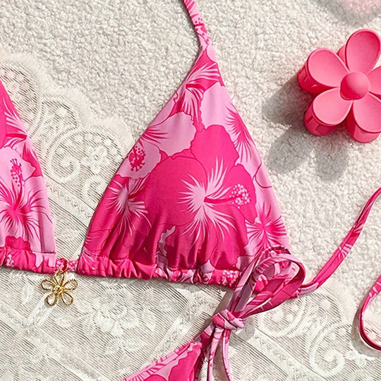 Damen Triangel-Bikini mit floralen Akzenten und verstellbaren Bindebändern EB