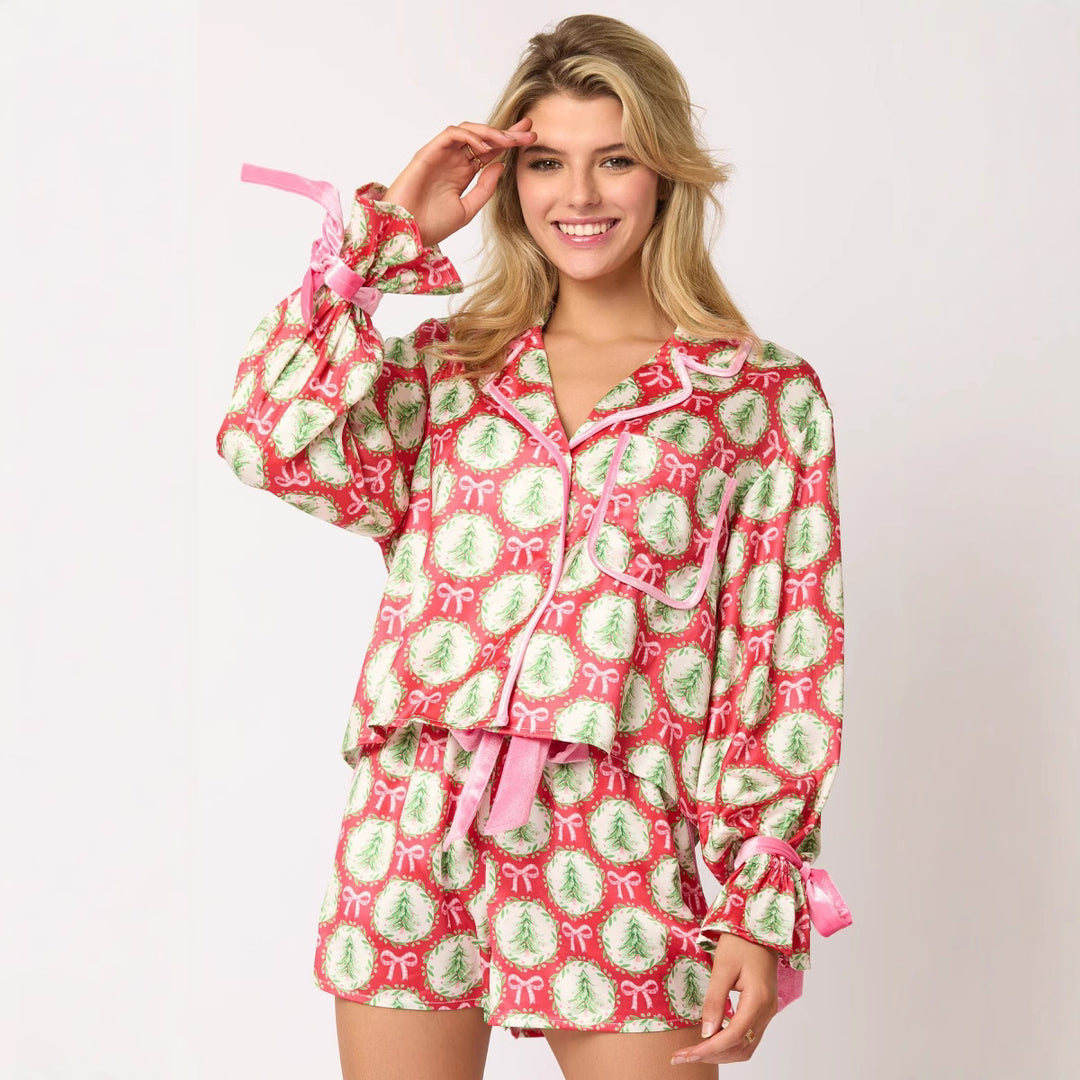 Damen nan verspieltes zweiteiliges Pyjama-Set mit Volantärmeln, Kordelzug und Brusttasche EB