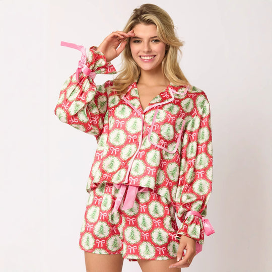 Damen nan verspieltes zweiteiliges Pyjama-Set mit Volantärmeln, Kordelzug und Brusttasche EB