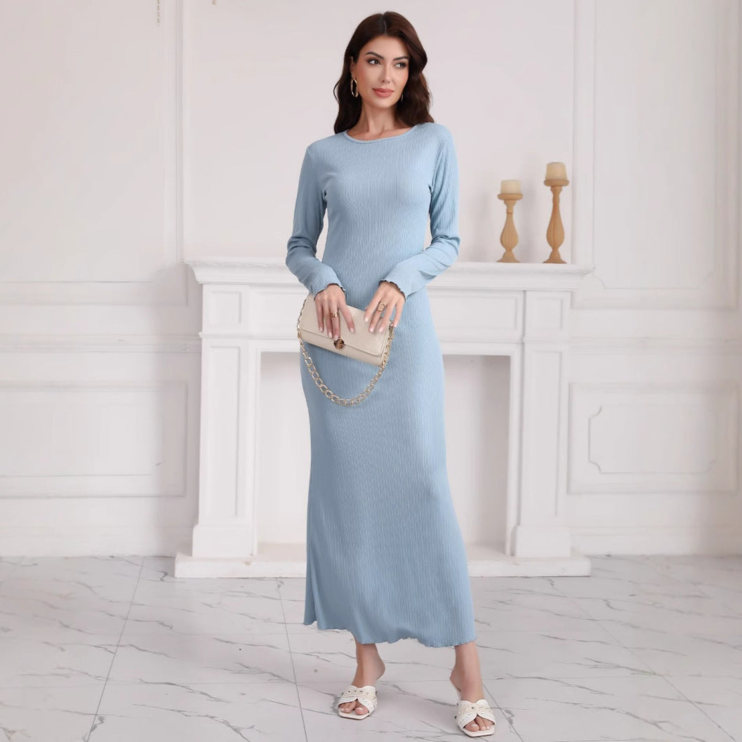 Damen Langarm Maxikleid aus hochwertigem Rippstrickstoff mit elegantem Schlitz EB