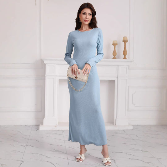 Damen Langarm Maxikleid aus hochwertigem Rippstrickstoff mit elegantem Schlitz EB