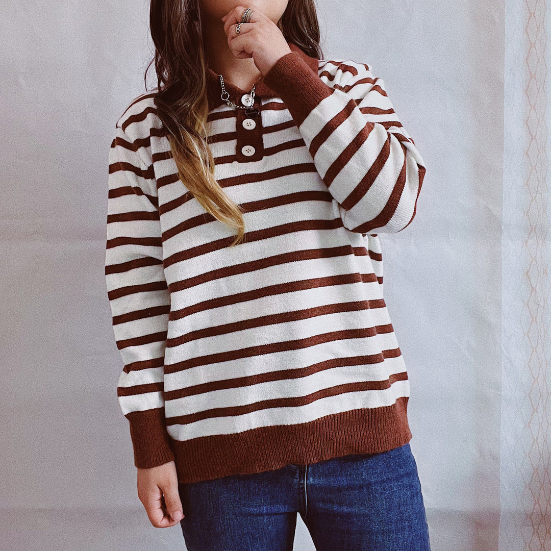 Damen legerer Streifenpullover mit Knopfleiste und weitem Schnitt EB