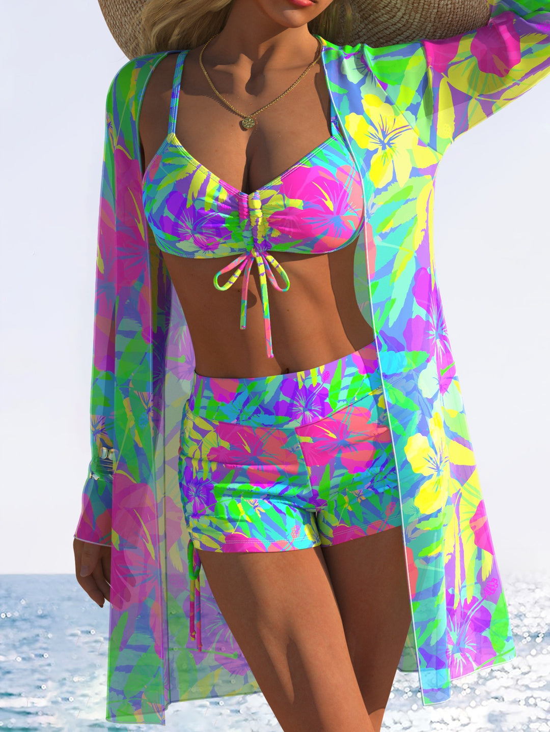Damen Bikiniset mit floralem Design und schwingendem Kimono EB
