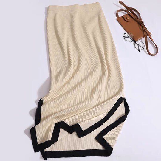 Damen modisches Strick-Loungewear-Set mit dekorativem Kontrastsaum EB