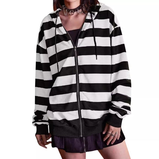 Damen Streifen-Hoodie mit Reißverschluss und lässigem Schnitt EB
