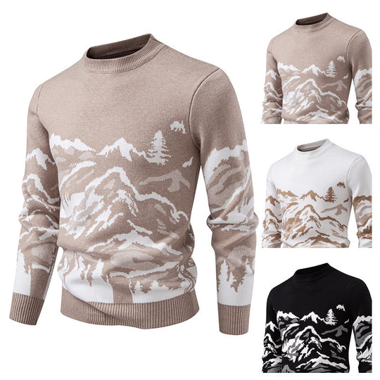 Herren Strickpullover mit Bergmotiv und hohem Kragen EB