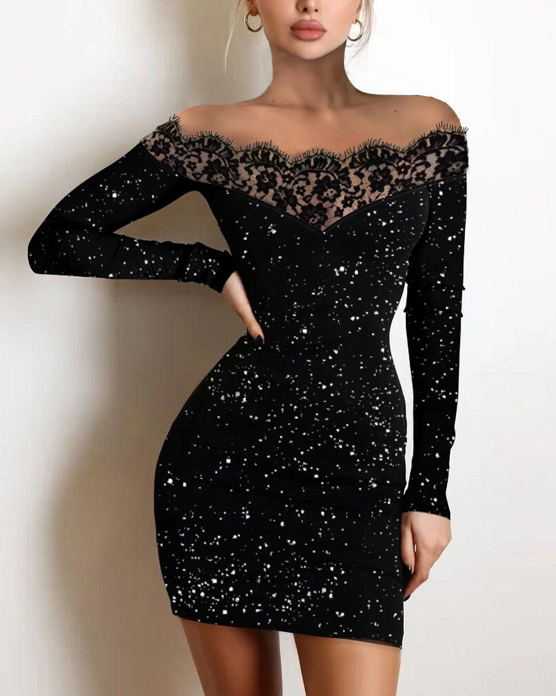Damen Offshoulder Kleid mit Spitzenbesatz EB
