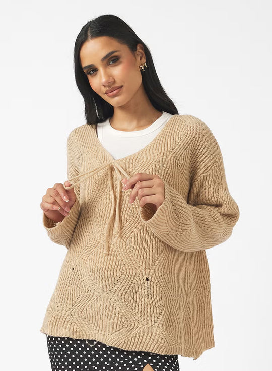 Damen Oversize Strickpullover mit V-Ausschnitt, Kordelzug und Rautenstruktur EB