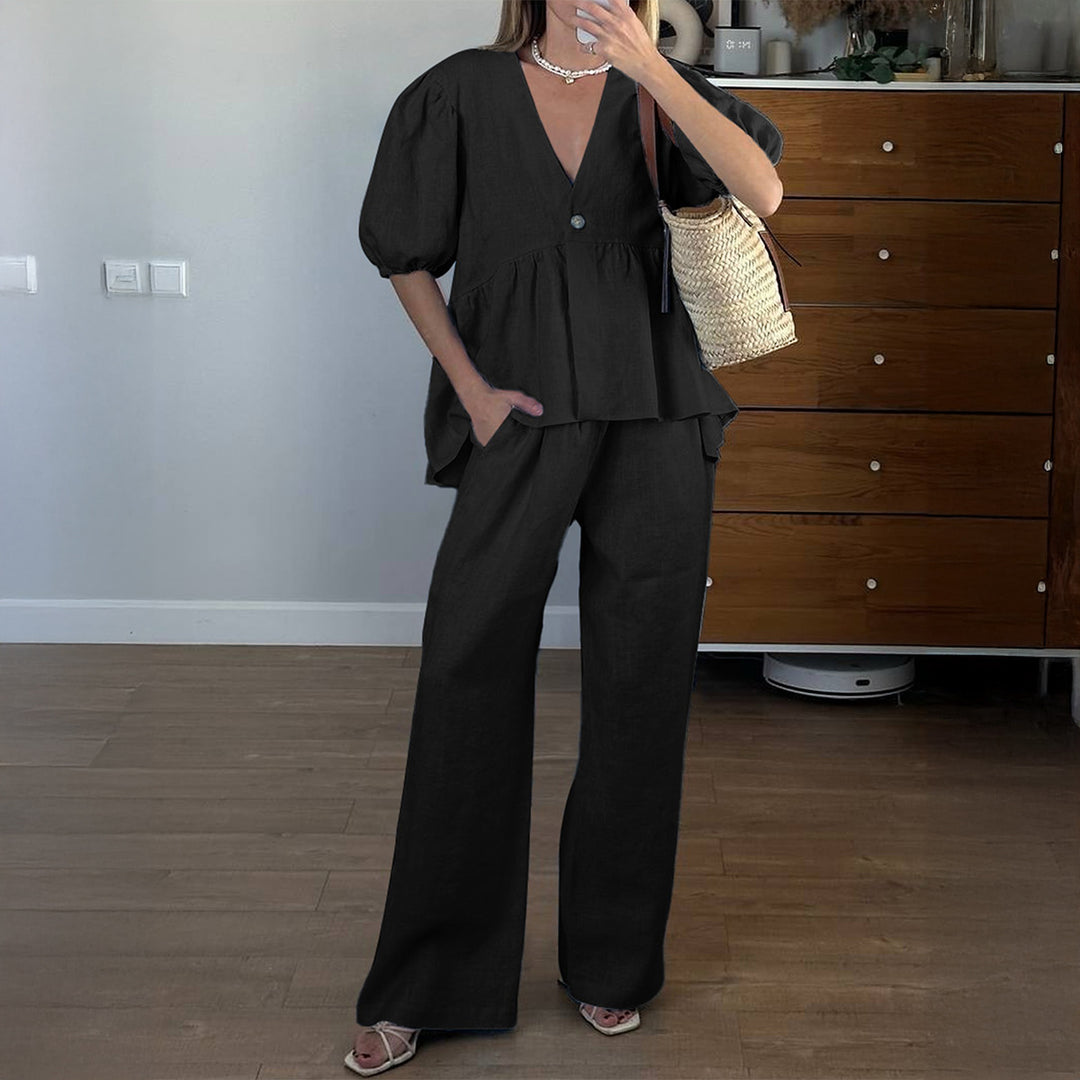 Damen elegantes Oberteil mit hohem Bund und weiten Hosen EB