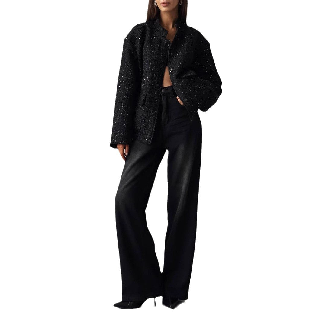 Damen Glitzerjacke mit praktischen Taschen und elastischem Saum EB