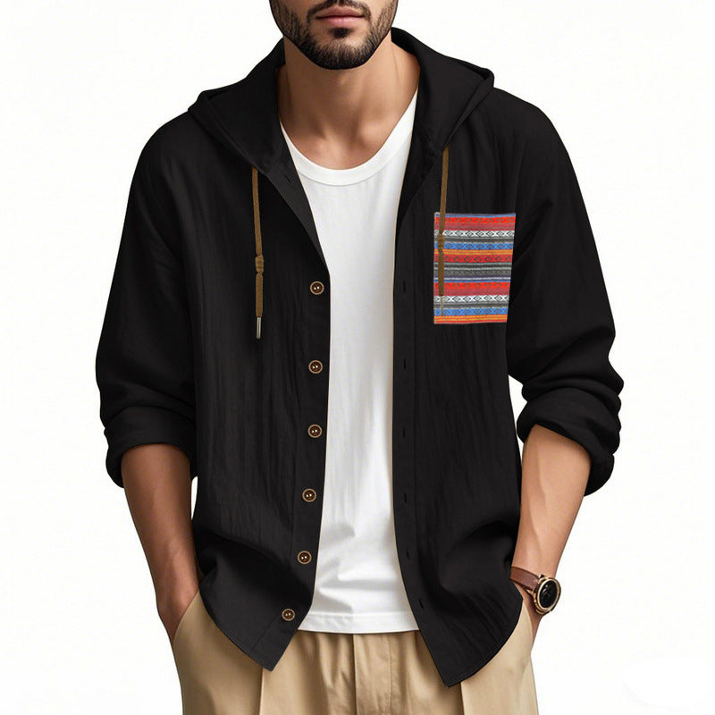 Herren nan leichte Kapuzenhemdjacke aus strukturierter Baumwollmischung mit Ethno‑Brusttasche und Knopfleiste EB