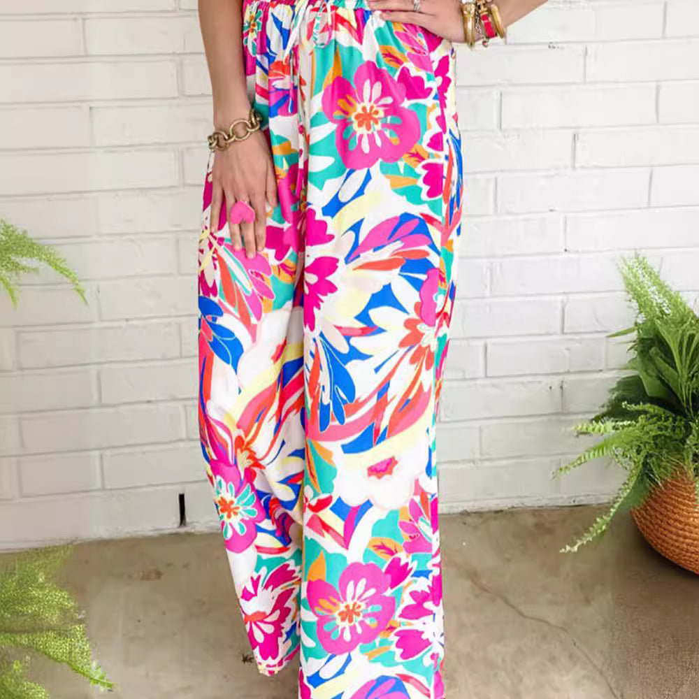 Damen Weit geschnittene Freizeithose mit buntem Blumenmuster und elastischem Bund EB