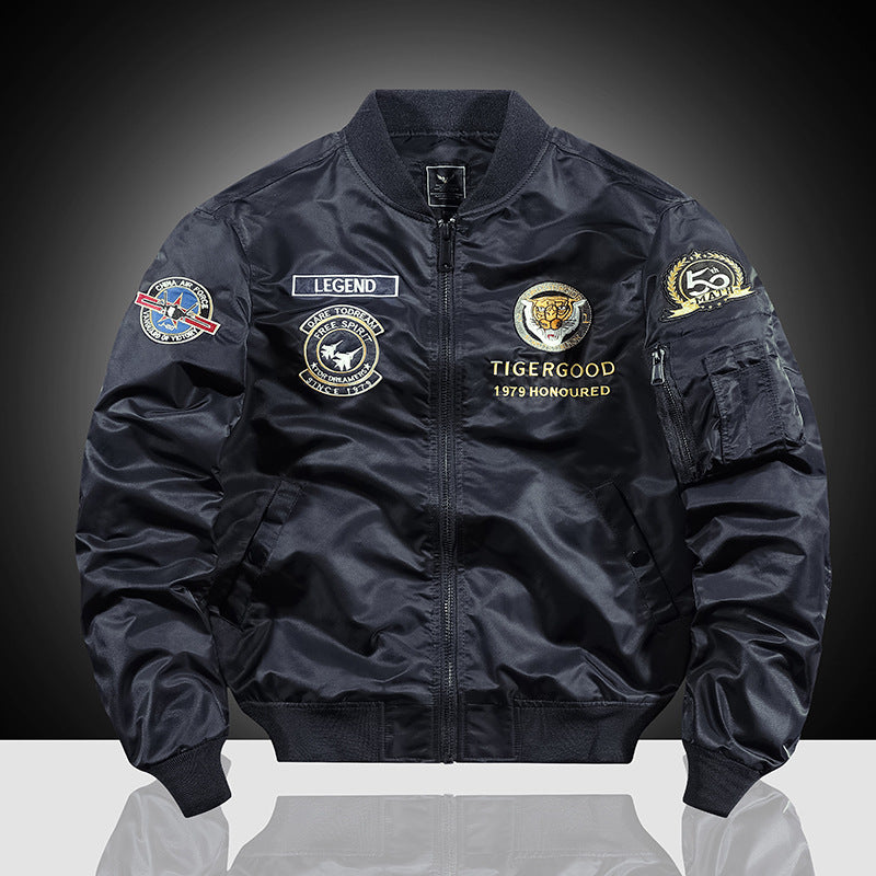 Herren Bestickte Nylon-Bomberjacke im Pilotenstil mit Tiger-Motorrad-Design EB