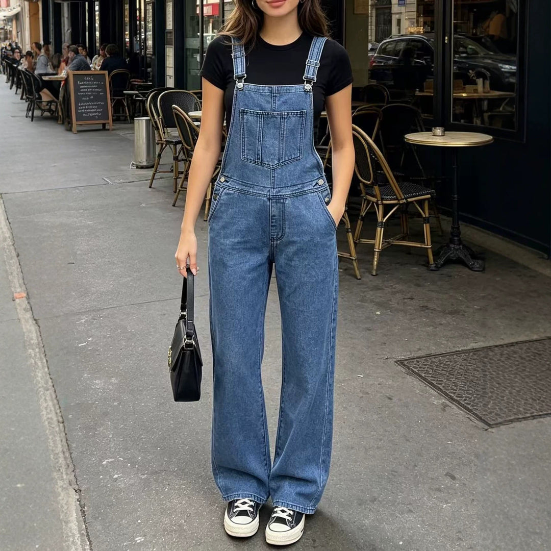 Damen nan weite Denim-Latzhose mit hoher Taille, verstellbaren Trägern und lässigem Schlag EB