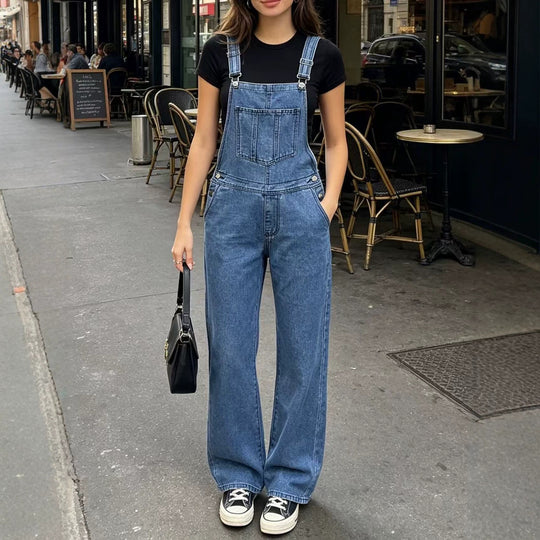 Damen nan weite Denim-Latzhose mit hoher Taille, verstellbaren Trägern und lässigem Schlag EB