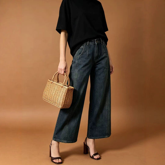 Damen nan hohe Taille Plissée Wide-Leg-Denimhose mit verkürztem Bein und dekorativen Vorderfalten EB