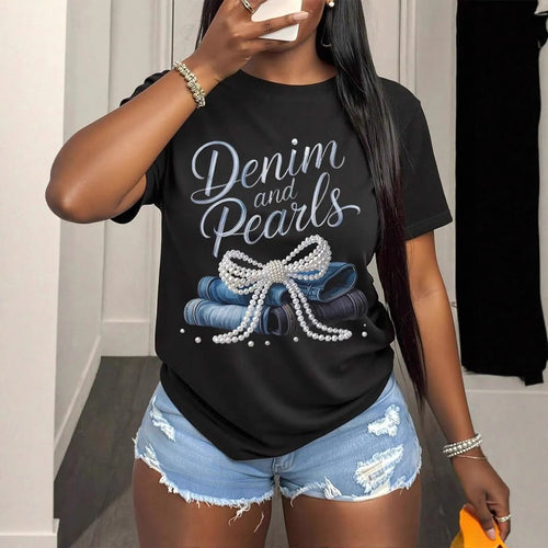 Damen T-Shirt mit kreativem Schriftzug und eleganten Perlenakzenten EB
