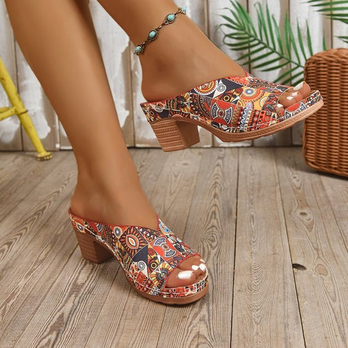 Damen Plateau-Pantoletten mit buntem, bohemian-inspiriertem Design EB