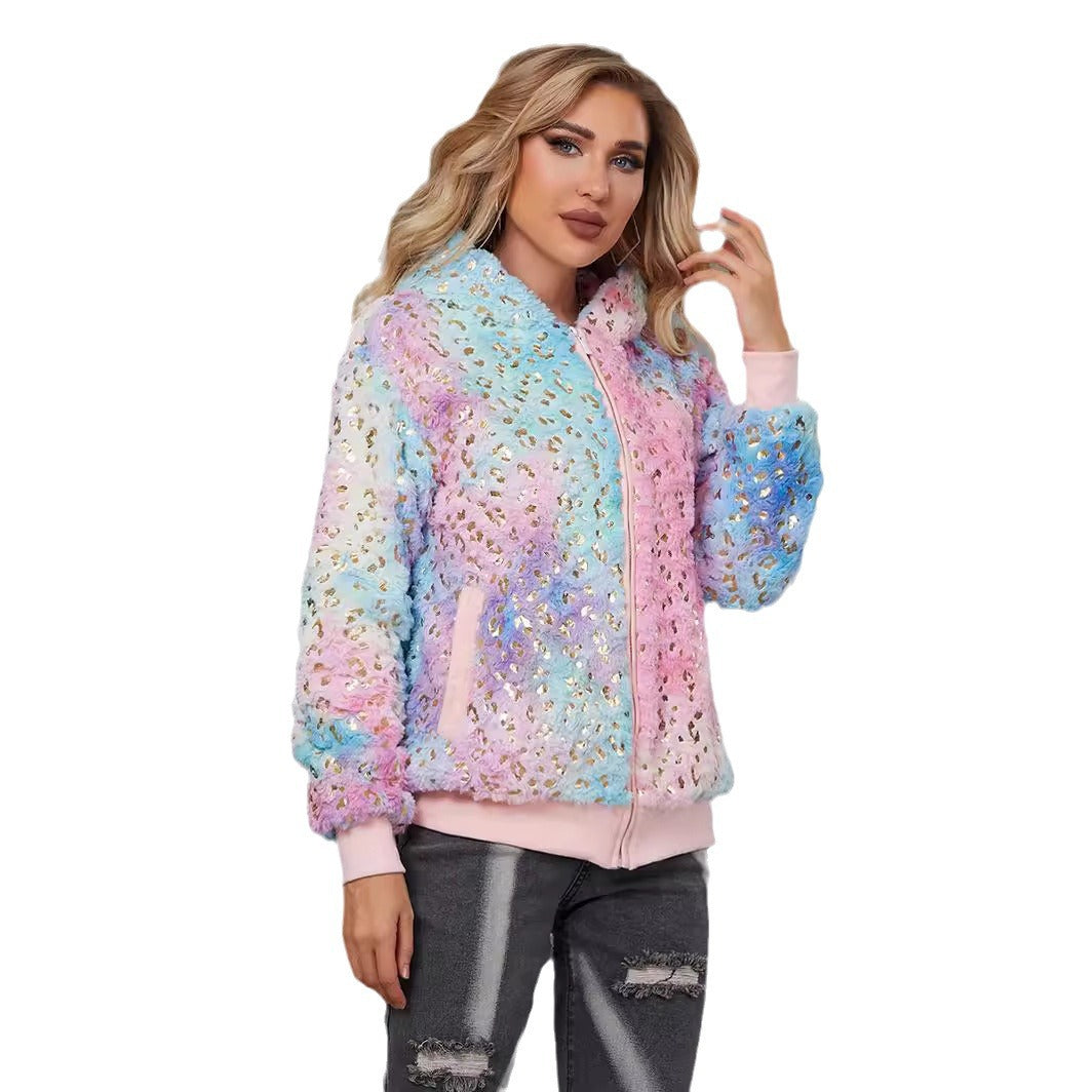 Damen Flauschige Kapuzenjacke mit glitzernden Akzenten EB