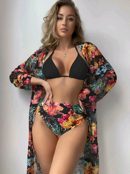 Damen Bikiniset mit hohem Bund und floralem Überwurf EB