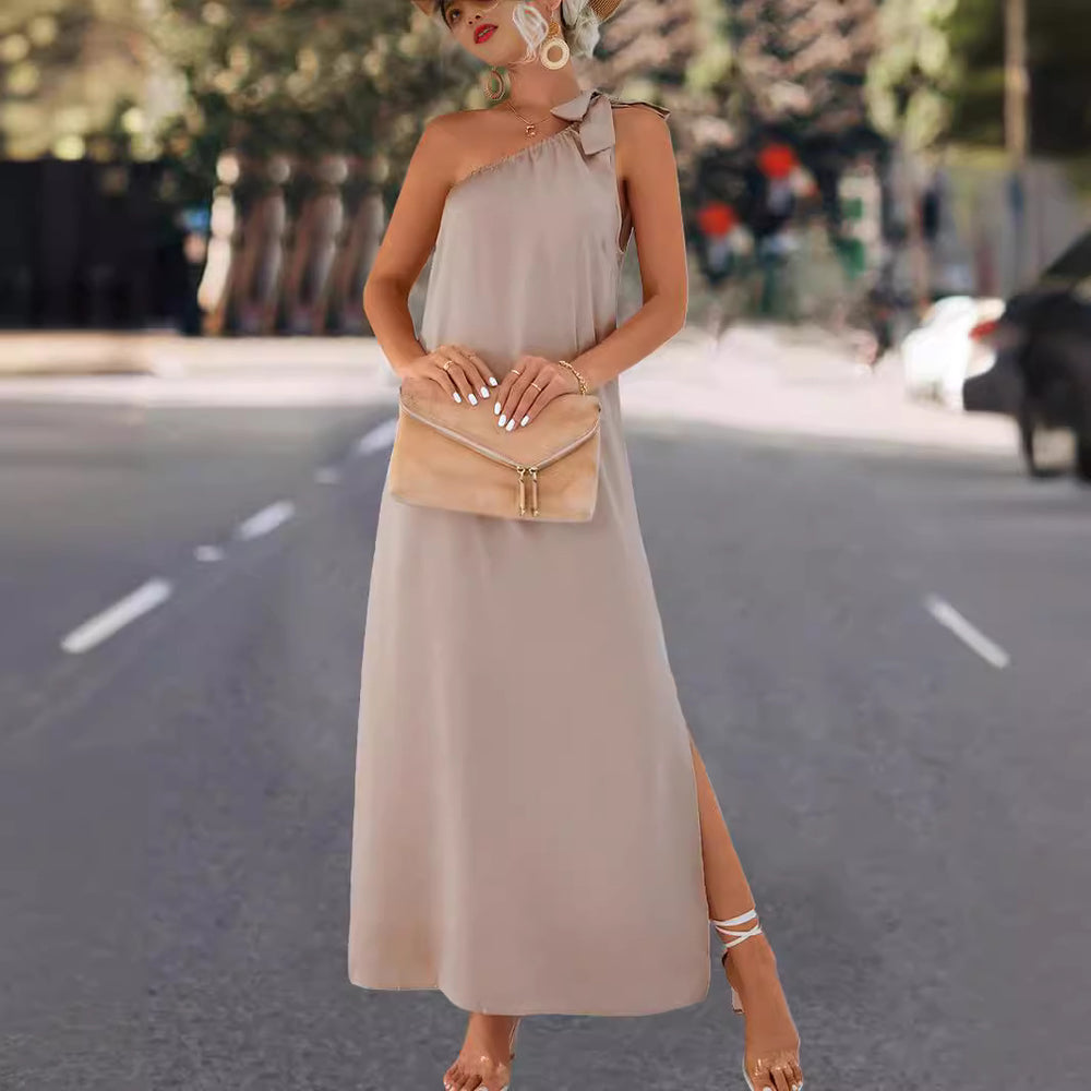 Damen Maxikleid mit asymmetrischem Träger und Seitenschlitz EB