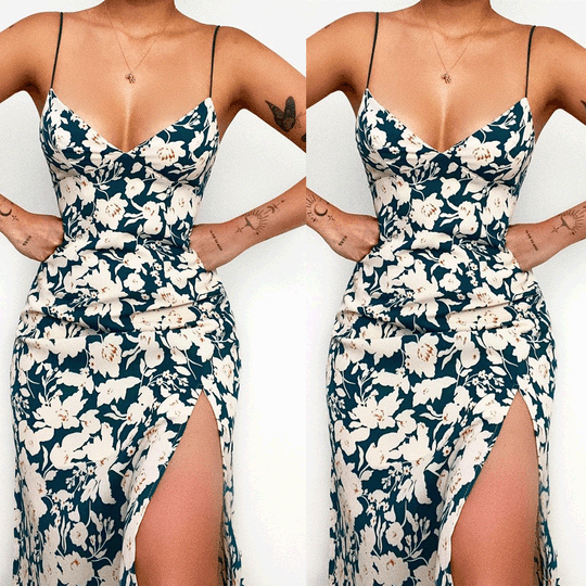 Damen Spaghettiträger Maxikleid mit floralem Design und hohem Schlitz EB