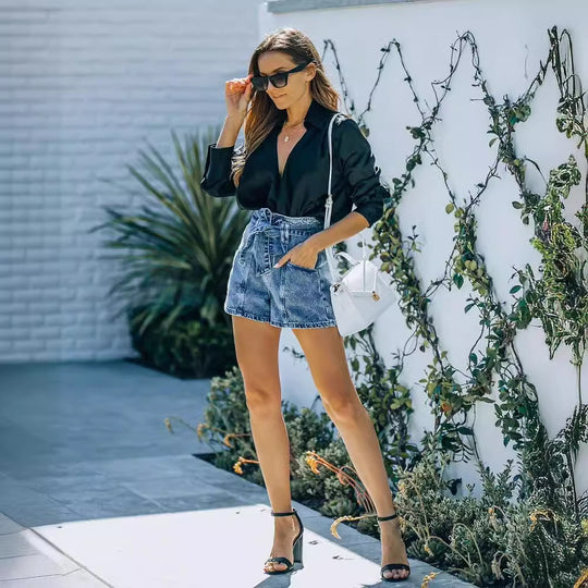 Damen Denim-Shorts mit hohem Bund und Taillengürtel EB