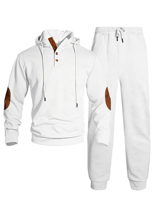 Herren nan Waffelstruktur Henley-Kapuzen-Set mit Holzknopfleiste Ellbogen-Patches und konischer Jogginghose EB