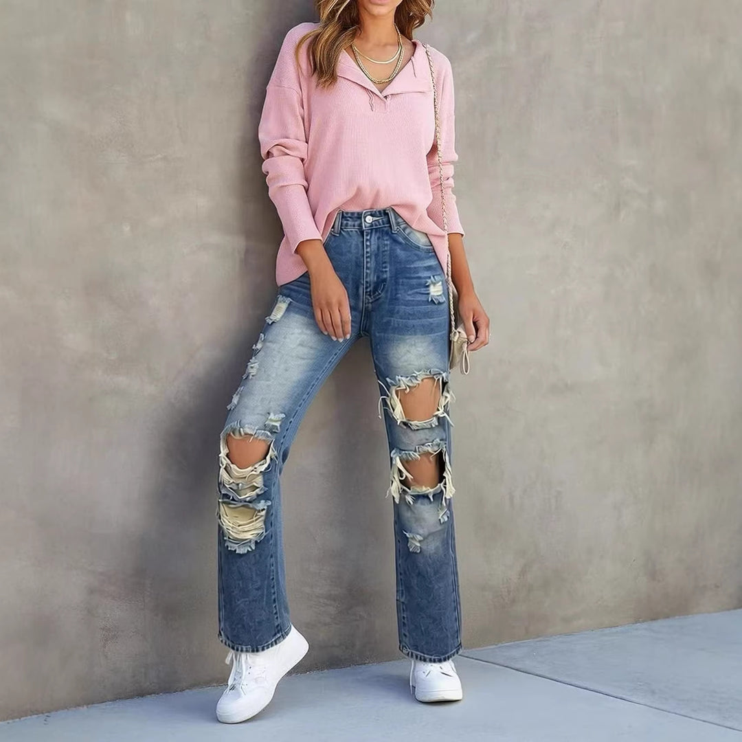 Damen lässige Destroyed Jeans mit weitem Bein und trendigen Rissdetails EB