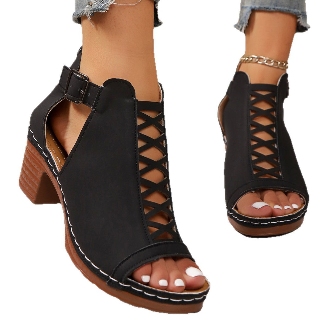 Damen Riemchensandalen mit dekorativem Cut-Out Design und bequemem Blockabsatz EB