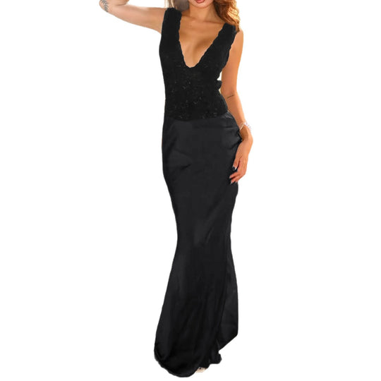 Damen Elegantes Maxikleid mit tiefem V-Ausschnitt und romantischem Spitzenoberteil EB