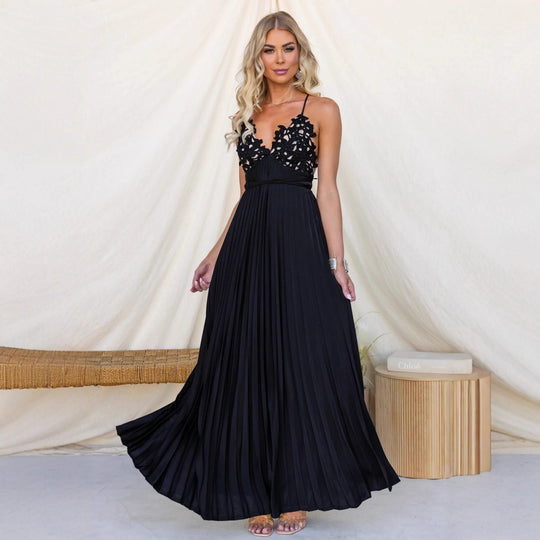 Damen Plissiertes Maxikleid mit verzierten Trägern und elegantem Taillengürtel EB