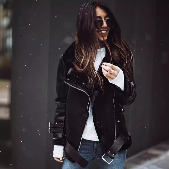 Damen modische jacke mit Kunstfellkragen und asymmetrischem Reißverschluss EB