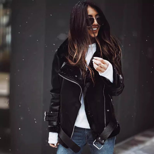 Damen modische jacke mit Kunstfellkragen und asymmetrischem Reißverschluss EB