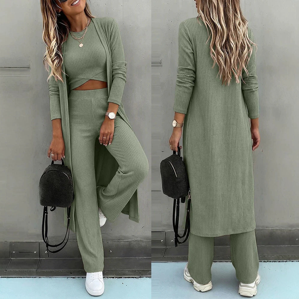Damen Dreiteiliges Rippstrick-Loungewear-Set mit Longcardigan, bauchfreiem Top und weiter Palazzohose EB