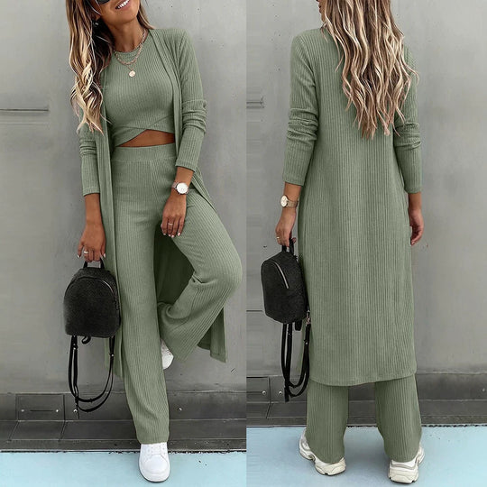 Damen Dreiteiliges Rippstrick-Loungewear-Set mit Longcardigan, bauchfreiem Top und weiter Palazzohose EB