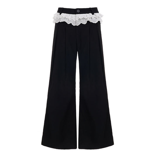 Damen Elegante weite High-Waist-Hose mit Spitzenbesatz EB