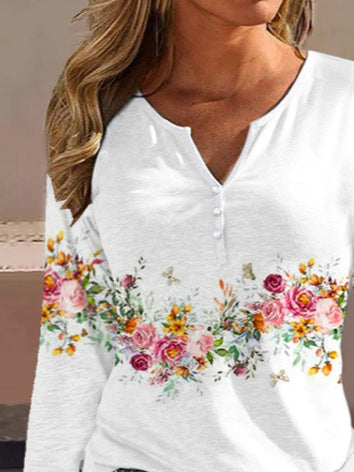 Damen Langarmshirt mit floralem Motiv und Knopfdetails EB