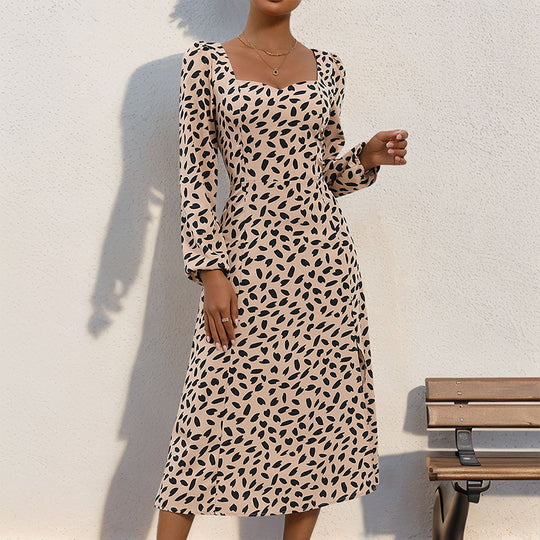 Damen Bedrucktes Midikleid im Vintage‑Stil mit Herzausschnitt, taillierter Silhouette und Ballonärmeln EB