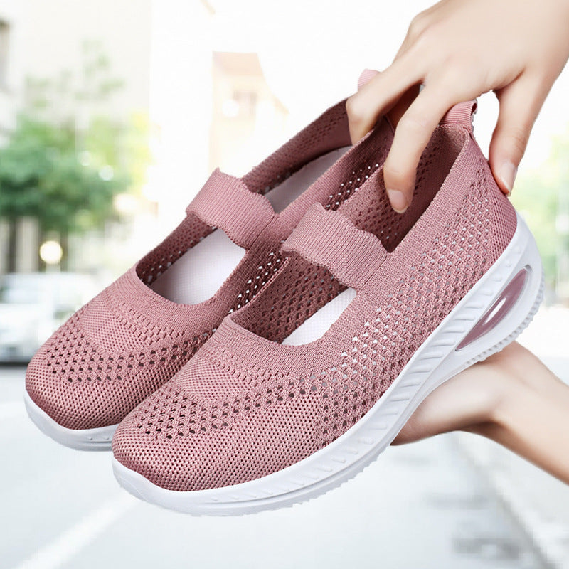Damen nan atmungsaktiver Strick-Mary-Jane-Sneaker mit elastischem Riemen und sichtbarem Luftkissen-Plateau EB